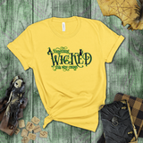 Halloween Costume Shirt/ Something Wicked This Way Comes Purple And Green Witch Hat, Black Cat And Spider T-Shirts