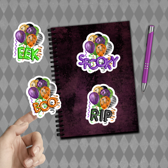 Halloween Stickers/ Party Balloon EEK, BOO, SPOOKY And RIP Laptop Decal, Planner, Journal Vinyl Sticker Pack