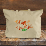 Happy Fall Y’all Autumn Tote Bag/ Fall Leaf Canvas Tote/ Metallic Orange And Green Rustic Fall Colors Book Bag
