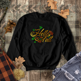 Hello Fall Autumn Sweatshirt/ Fall Leaves Sweatshirt/ Metallic Gold, Orange And Green Rustic Fall Colors Fleece Sweater