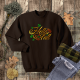 Hello Fall Autumn Sweatshirt/ Fall Leaves Sweatshirt/ Metallic Gold, Orange And Green Rustic Fall Colors Fleece Sweater