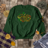 Hello Fall Autumn Sweatshirt/ Fall Leaves Sweatshirt/ Metallic Gold, Orange And Green Rustic Fall Colors Fleece Sweater