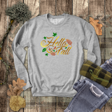 Hello Fall Autumn Sweatshirt/ Fall Leaves Sweatshirt/ Metallic Gold, Orange And Green Rustic Fall Colors Fleece Sweater