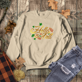 Hello Fall Autumn Sweatshirt/ Fall Leaves Sweatshirt/ Metallic Gold, Orange And Green Rustic Fall Colors Fleece Sweater
