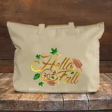 Hello Fall Autumn Tote Bag/ Fall Leaves Canvas Tote/ Metallic Gold, Orange And Green Rustic Fall Colors Book Bag