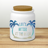 Beach Palm Trees Ceramic Jar/ Life’s Better At The Beach Creamer/ Sugar/ Spice Jar With Cork Lid Kitchen Gift