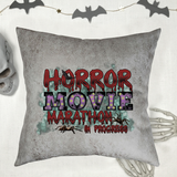 Halloween Movie Pillow/ Horror Movie Marathon In Progress Purple Red Marquee Faux Leather Square Pillow Zippered Cover