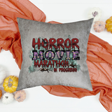 Halloween Movie Pillow/ Horror Movie Marathon In Progress Purple Red Marquee Faux Leather Square Pillow Zippered Cover