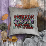 Halloween Movie Pillow/ Horror Movie Marathon In Progress Purple Red Marquee Faux Leather Square Pillow Zippered Cover