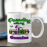 Mardi Gras Gnome Mugs/ Parading With My Gnomies Antique Truck Harlequin Purple Green Gnome Coffee Mug Gift
