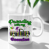 Mardi Gras Gnome Mugs/ Parading With My Gnomies Antique Truck Harlequin Purple Green Gnome Coffee Mug Gift