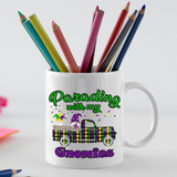 Mardi Gras Gnome Mugs/ Parading With My Gnomies Antique Truck Harlequin Purple Green Gnome Coffee Mug Gift