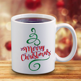 Christmas Mug/ Merry Christmas Swirly Flourish Tree Holiday Coffee Mug