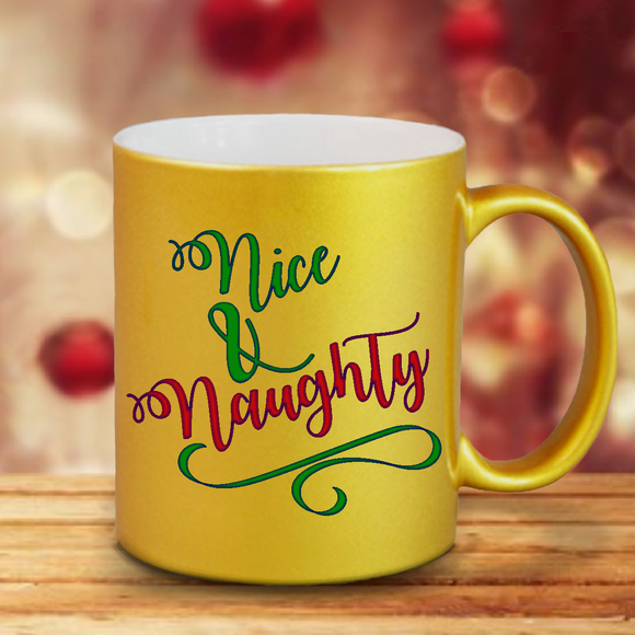 Christmas Mugs/ Nice And Naughty Holiday Metallic Silver, Gold Or Pink Mug/ Funny Naughty List Christmas Coffee Lover Gift