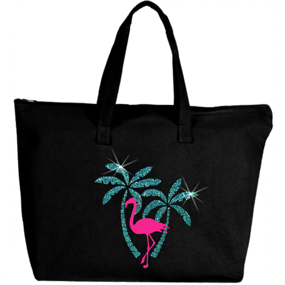 Flamingo Tote Bag/ Glitter Nautical Blue Green Palm Trees Flamingo Tote/ Tropical Pink Flamingle Beach Summer Beach Bag/ Canvas Tote