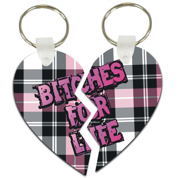 Best Friend Key Chain/BFF Heart Keychain Bitches For Life Pink Plaid Split Heart Aluminum Key Tag/Keychain/Key Charm