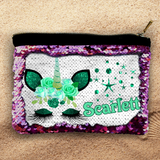 Custom Sequin Cosmetic Bag/ Mermaid Zipper Pouch Gift/ Personalized Unicorn With Green Flowers Reversible Flip Sequin Makeup Case