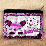 Custom Sequin Cosmetic Bag/ Mermaid Zipper Pouch Gift/ Personalized Unicorn With Pink Flowers Reversible Flip Sequin Makeup Case