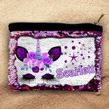 Custom Sequin Cosmetic Bag/ Mermaid Zipper Pouch Gift/ Personalized Unicorn With Purple Flowers Reversible Flip Sequin Makeup Case