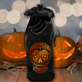 Sugar Skull Wine Bag/ Dia De Los Muertos Bottle Bag/ Day Of The Dead Purple, Gold Metallic Skull Black Satin Gift Bag/ Skull Wine Tote