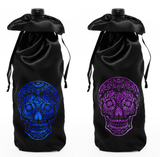 Sugar Skull Wine Bag/ Dia De Los Muertos Bottle Bag/ Day Of The Dead Purple, Gold Metallic Skull Black Satin Gift Bag/ Skull Wine Tote