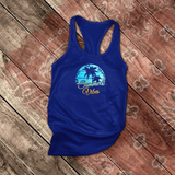 Tropical Tanks/ Summer Vibes Aqua Blue Sunset Palm Trees Hibiscus Beach Vacation Tank Top