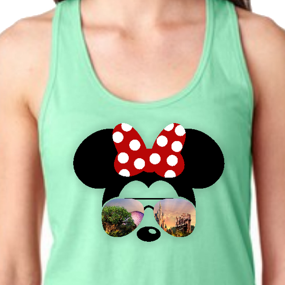 Minnie Mouse Sunglasses Tank Top/ Disney World Parks Women’s Summer Tank Top/ Disney Vacation Minnie Bow Silhouette Tank