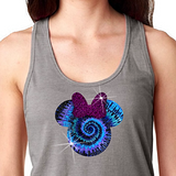 Minnie Mouse Tie Dye Glitter Tank Top/ Disney Minnie Mouse Glitter Tank/ Blue, Purple Tie Dye Minnie Bow Disney Vacation Women’s Tank