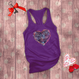 Valentine Tanks/ Distressed Purple Animal Print Gothic Heart With Rose Pink Barbed Wire Frame Tank Tops