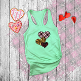 Valentine Tanks/ Heart Trio Animal Print, Pink Plaid And Burgundy With Barbed Wire Frames Tank Tops