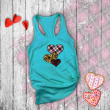 Valentine Tanks/ Heart Trio Animal Print, Pink Plaid And Burgundy With Barbed Wire Frames Tank Tops