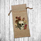 Halloween Wine Bottle Gift Bag/ Gothic Skull And Fall Flowers Burlap Wine Tote