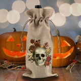 Halloween Wine Bottle Gift Bag/ Gothic Skull And Fall Flowers Burlap Wine Tote