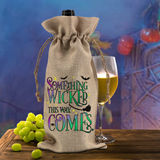 Halloween Wine Bottle Gift Bag/ Purple And Green Something Wicked This Way Comes Burlap Wine Tote