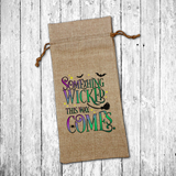 Halloween Wine Bottle Gift Bag/ Purple And Green Something Wicked This Way Comes Burlap Wine Tote