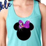 Minnie Mouse Glitter Tank/ Disney Glitter Minnie Mouse Bow Women’s Tank Top/ Kissing Mickey/ Minnie With Pink Hearts Purple Bow Disney Tank