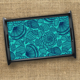 Beach Seashells Wood Serving Tray Gift/ Navy Blue Seashell Collection On Teal Coffee Table/ Cookie Tray