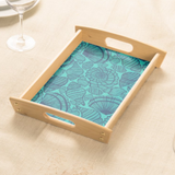 Beach Seashells Wood Serving Tray Gift/ Navy Blue Seashell Collection On Teal Coffee Table/ Cookie Tray