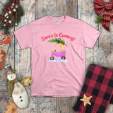 Christmas Children Shirts/ Santa Is Coming Pink and Yellow Toy Car With Christmas Tree Holiday Kids T-Shirts