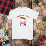 Christmas Children Shirts/ Santa Is Coming Pink and Yellow Toy Car With Christmas Tree Holiday Kids T-Shirts