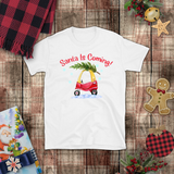 Christmas Children Shirts/ Santa Is Coming Red and Yellow Toy Car With Christmas Tree Holiday Kids T-Shirts