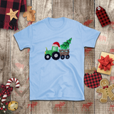 Christmas Children Shirts/ Green Plaid Tractor And Wooden Cart With Christmas Tree Holiday Kids T-Shirts