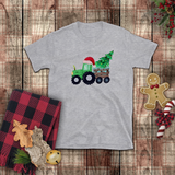 Christmas Children Shirts/ Green Plaid Tractor And Wooden Cart With Christmas Tree Holiday Kids T-Shirts