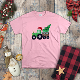 Christmas Children Shirts/ Green Plaid Tractor And Wooden Cart With Christmas Tree Holiday Kids T-Shirts