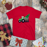 Christmas Children Shirts/ Green Plaid Tractor And Wooden Cart With Christmas Tree Holiday Kids T-Shirts