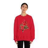 Christmas Cardinal Sweatshirt/ Red Cardinal With Pine Tree Branches, Holly And Poinsettia Winter Holiday Fleece Sweater