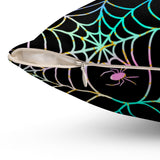 Halloween Throw Pillow/ Retro Neon Green, Pink And Blue Spiders And Webs Decor
