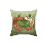 Autumn Fall Pillow/ Green, Orange, Gold Marble Glam Pumpkin Trio With Copper Glitter Imaged Oak Leaves Decor