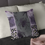 Halloween Throw Pillow/ Spider Glam Purple Leopard Print Glitter Imaged Border Tears Decor