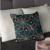 Halloween Throw Pillow/ Retro Neon Green, Pink And Blue Spiders And Webs Decor